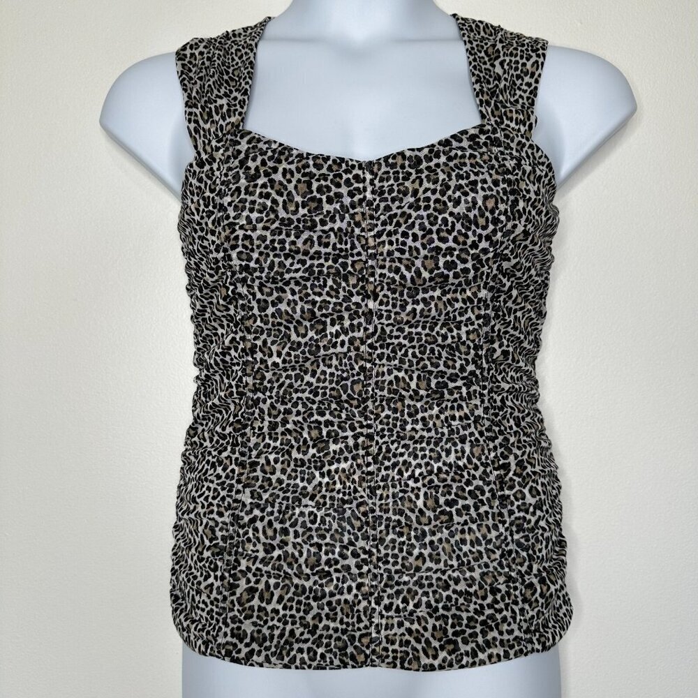 White House Black Market Sleeveless Top Womens‎ Size M Leopard Mesh Ruched Chic